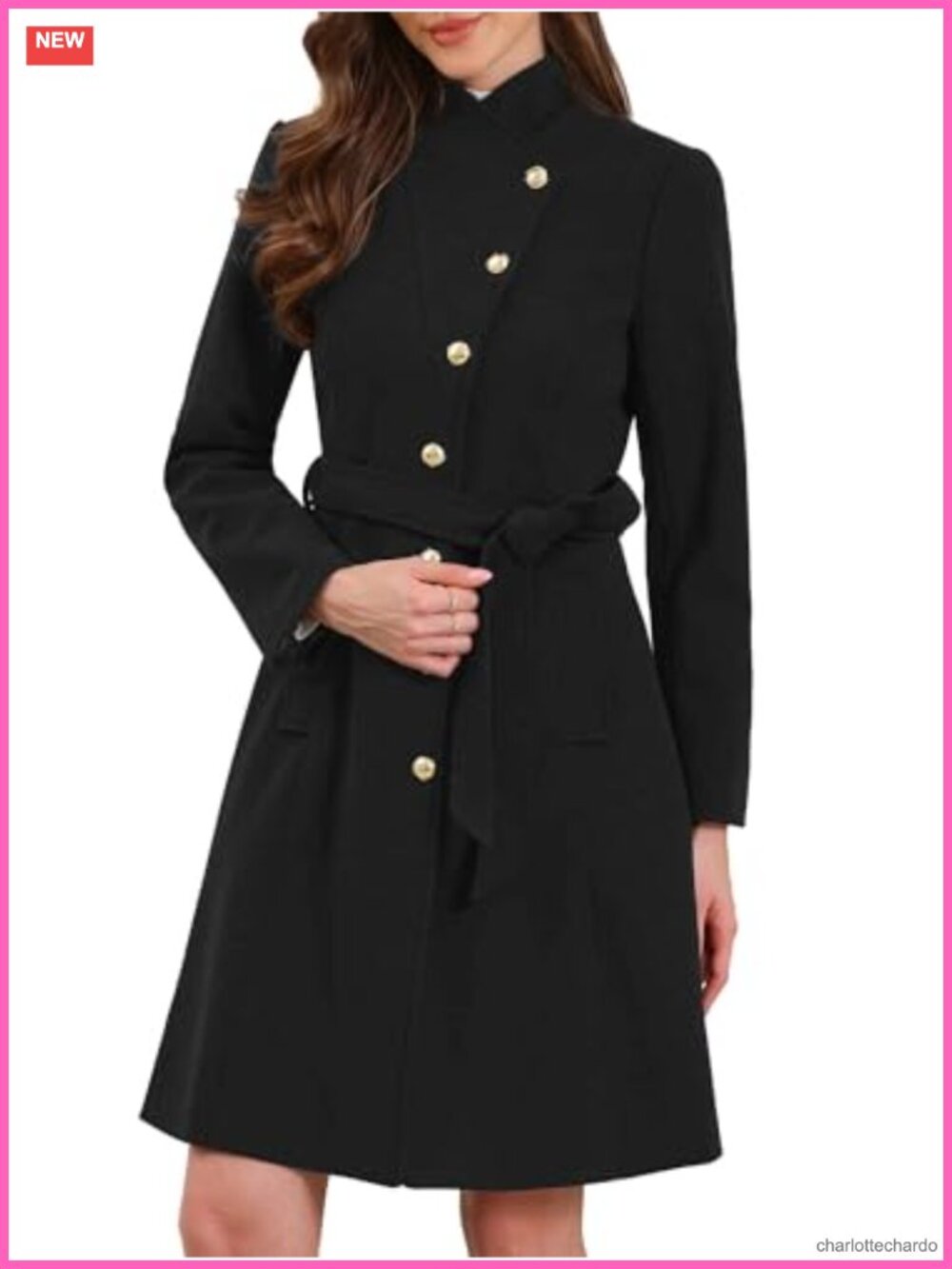 Women's Long Pea Coat Winter Stand Collar Belted Trench